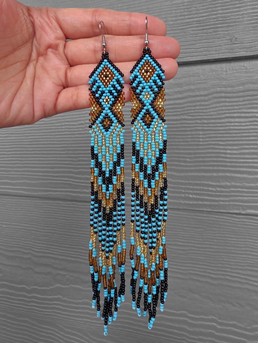 Long Southwestern Boho Beaded Fringe Earrings Handmade Seed Bead Coastal